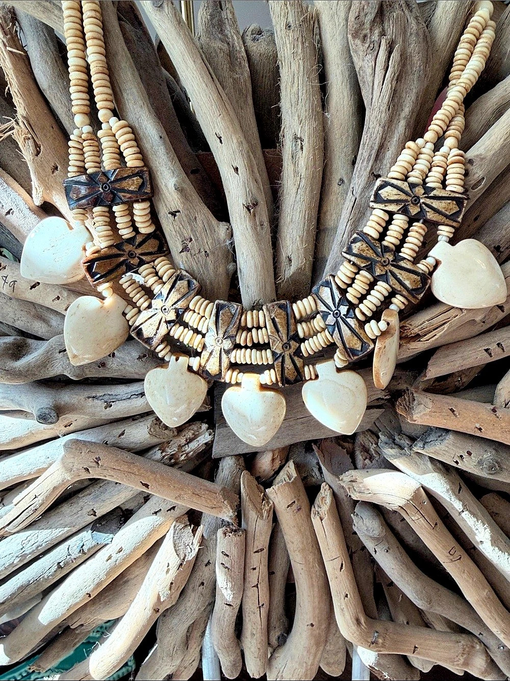 Vintage Handmade Artisan Tribal polished bovine bone & carved wood